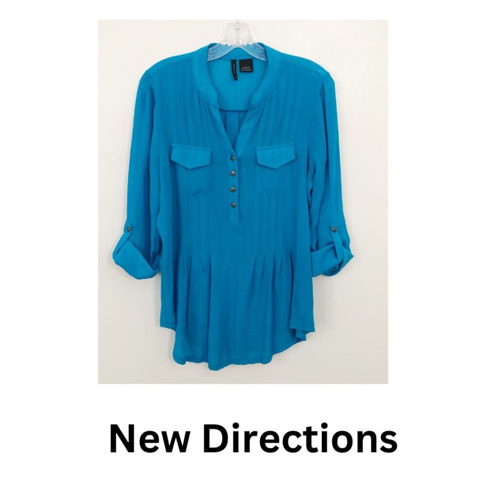 ND New Direction Blue Boho Tunic Top L Semi Sheer Gauzy Peasant Cottage Core